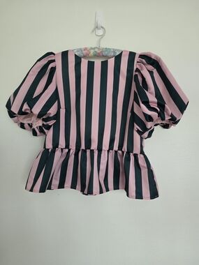 ​Crosby by Mollie Burch Striped Puff Sleeve Bow Back Peplum Blouse Medium